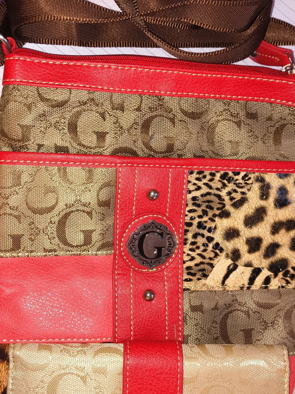 Designer-Inspired Red & Brown Crossbody Bag with Leopard Accent
